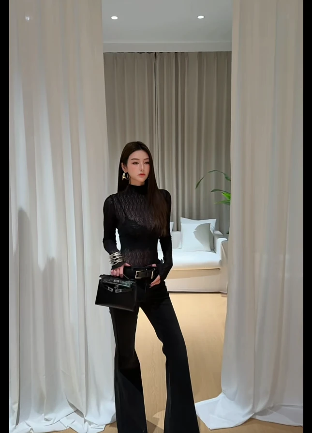 纯欲蕾丝网纱透视上衣秋冬性感辣妹修身打底衫+黑色休闲裤两件套