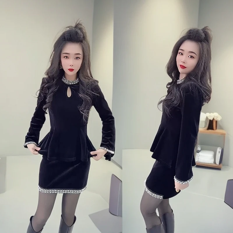 秋冬气质时尚重工钉珠黑色显瘦丝绒上衣+裙子两件套套装