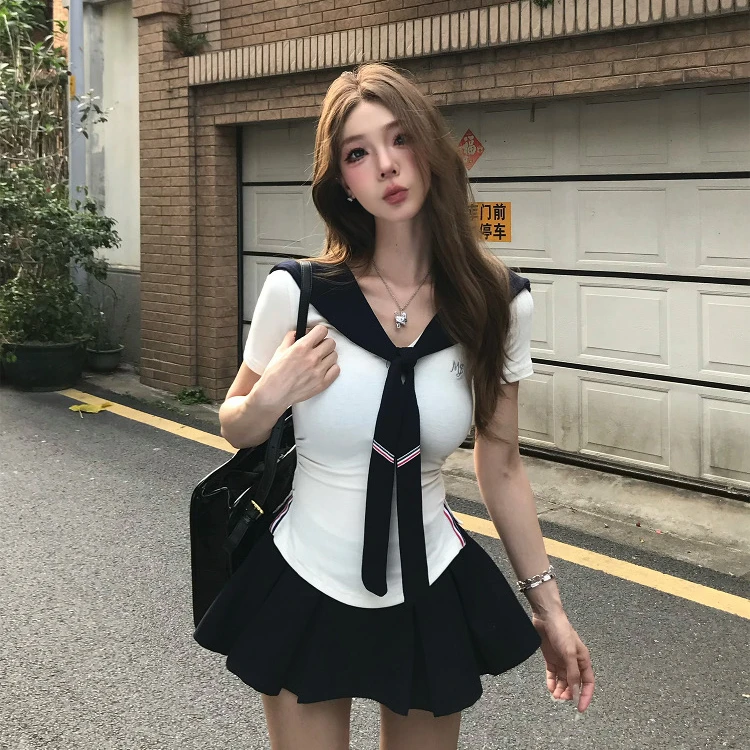 INS风纯欲风学院上衣御姐风海军辣妹显瘦撞色套装jk高腰夏季短款