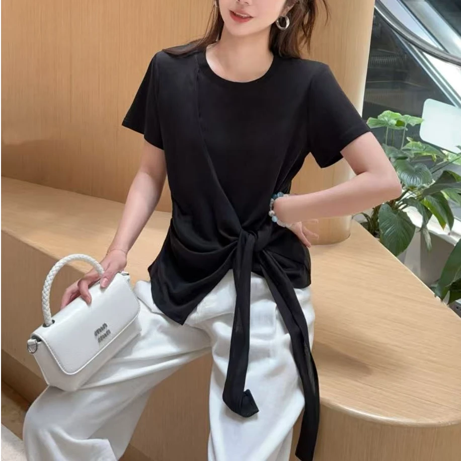 【锦衣服饰】STSZ 91275韩系不规则侧绑带圆领短袖T