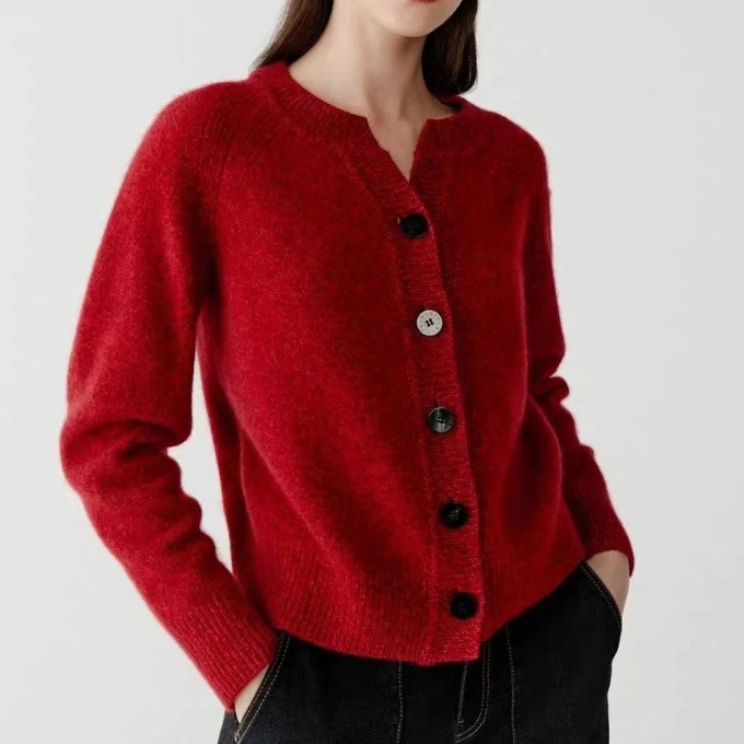 【南后禾系】2025秋冬新款时尚纯色红夹花羊毛开衫-5139衣长50