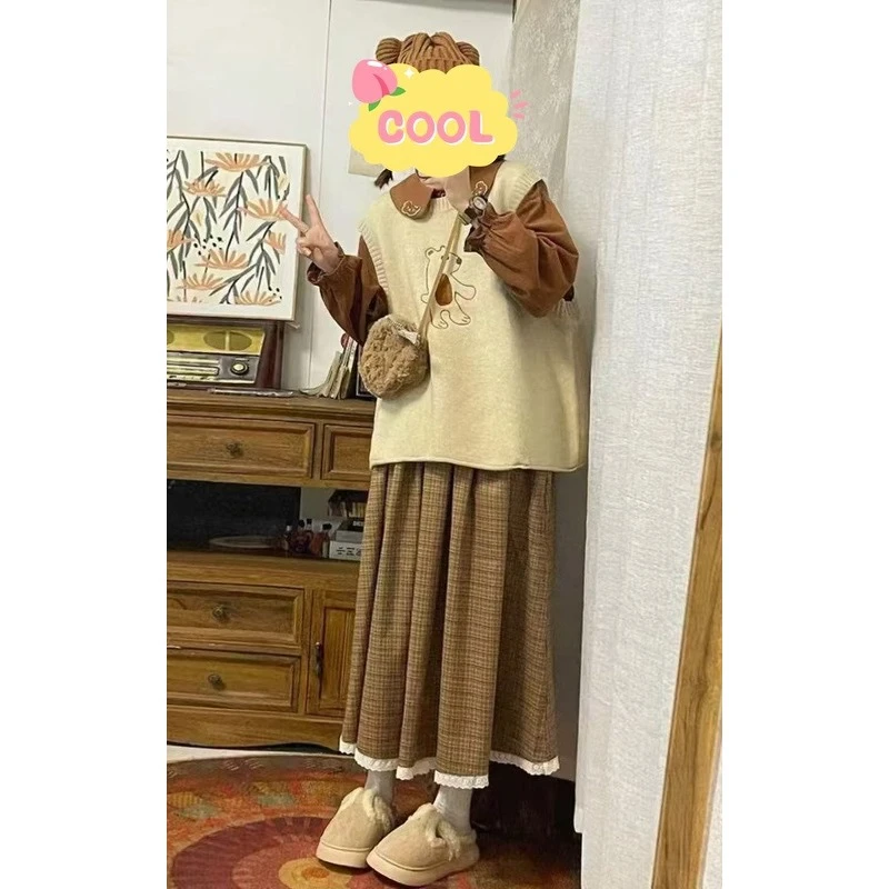 大码复古穿搭刺绣衬衫叠穿针织毛衣格子半身裙三件套9571#