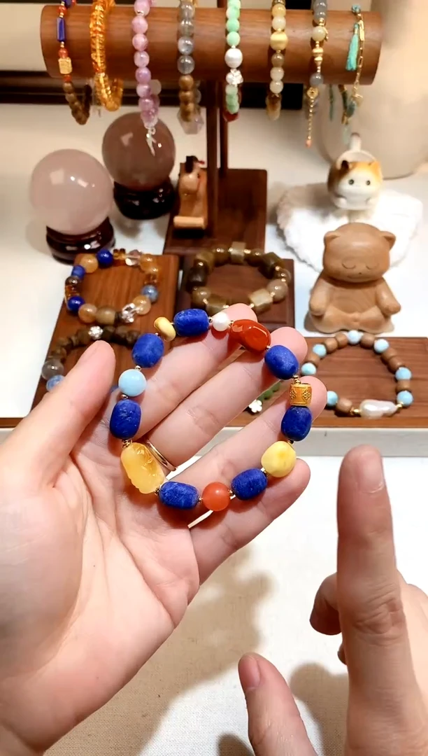 银S925镶嵌青金石手链青金蜜蜡貔貅diy手串 多样性发一