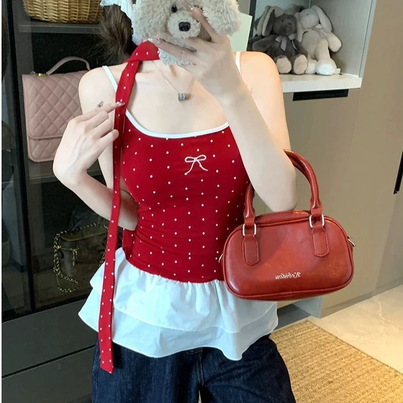 夏季新款撞色拼接波点吊带背心女辣妹修身荷叶边显瘦蝴蝶结上衣潮