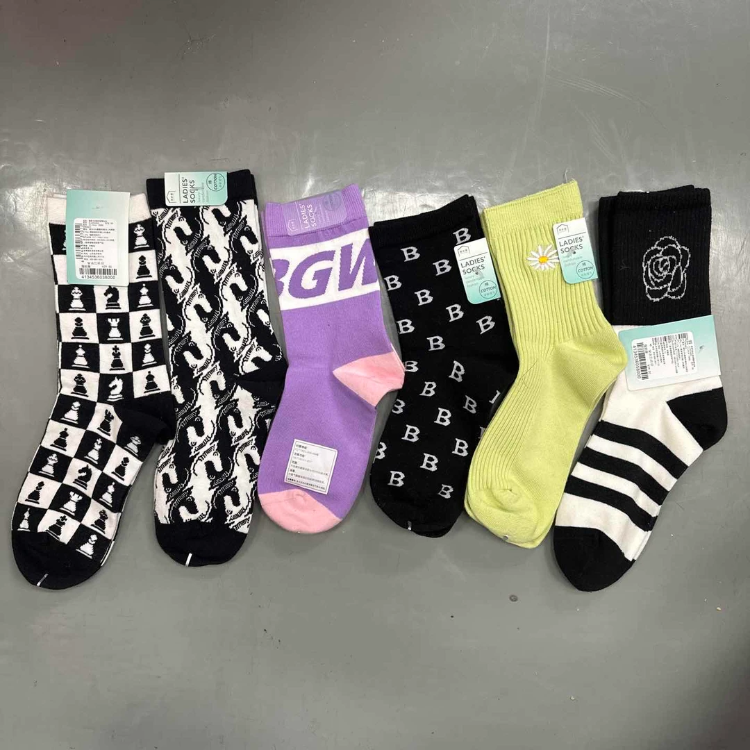 【6双装女袜】阪织屋女士棉质提花撞色袜子中筒女袜