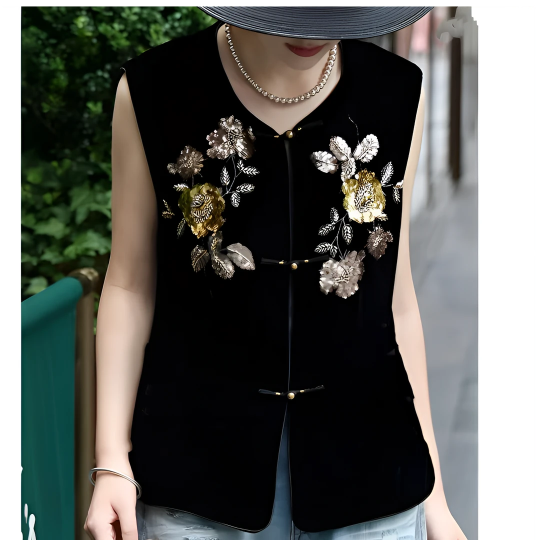 D999-3230【浮金若梦一】早秋重工丝绒刺绣马夹新中式国风百搭上衣