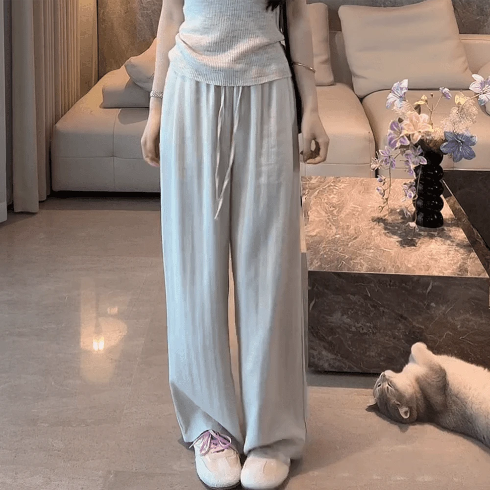 天丝亚麻混纺纯色直筒裤女2025夏季新款宽松松紧高腰休闲阔腿裤