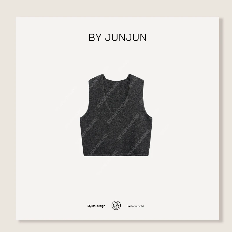 ByJunjun 早秋新款女装极简风高级感V领羊毛马甲