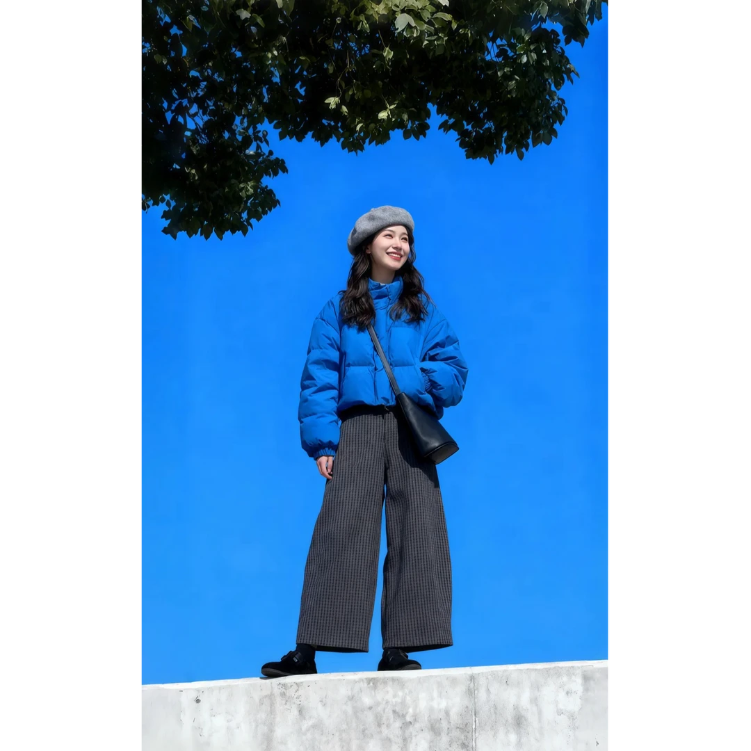 MARIE.COCO冬季新款高级感加厚外套孔雀蓝棉服高腰格子裤套装女