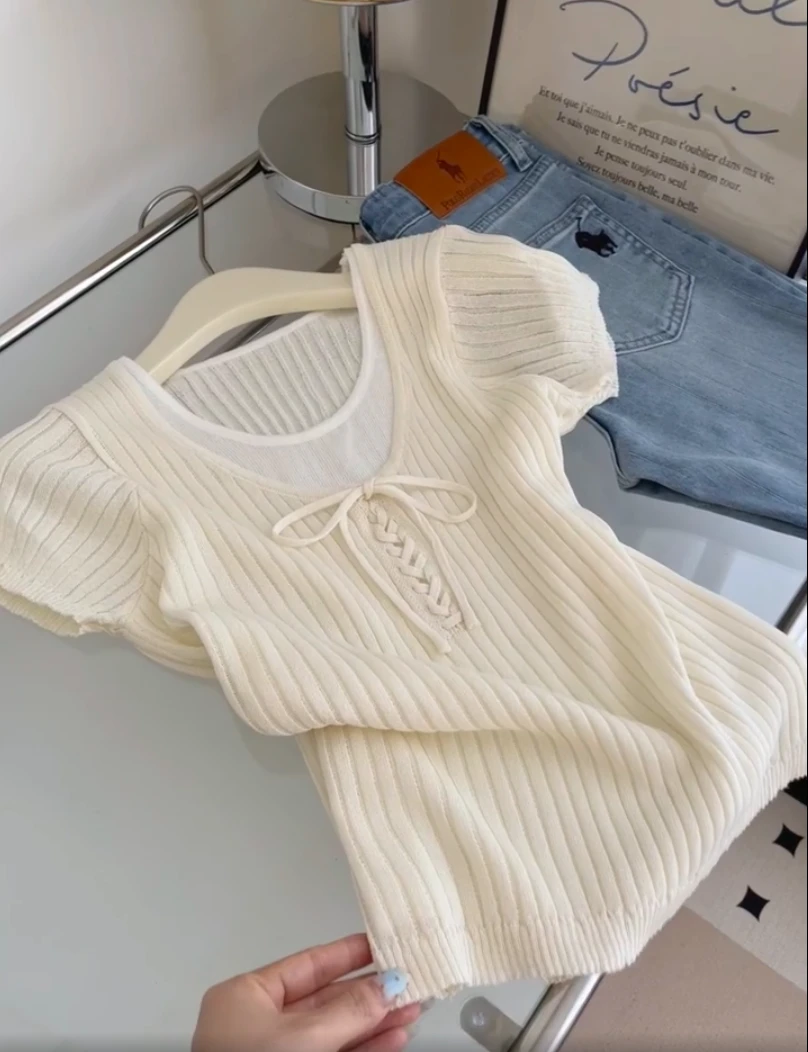 韩系气质温柔风假两件短袖T恤女装夏季新款绑带显瘦百搭圆领上衣