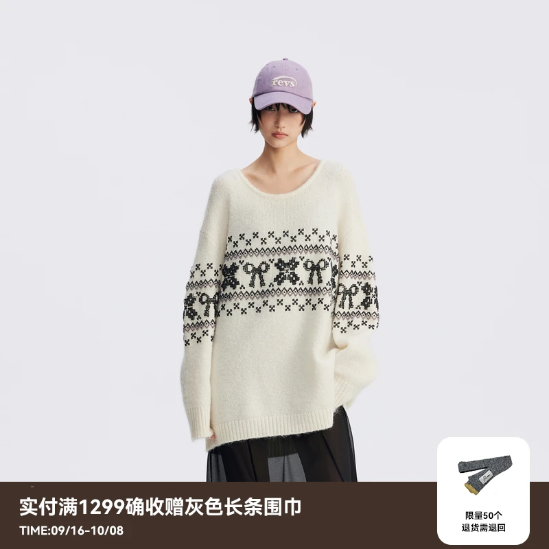 REVAN芮范2025秋费尔岛一字领斜肩毛衣RL70601104