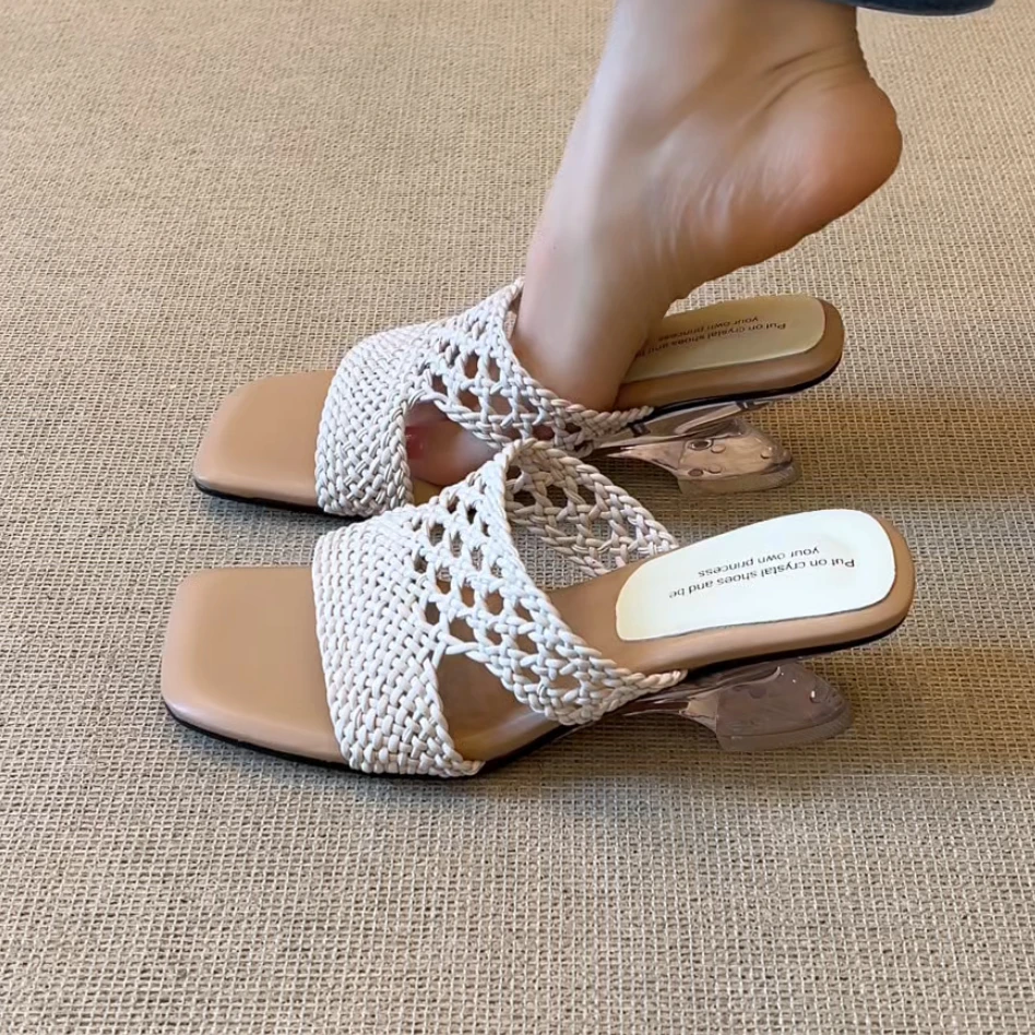 RubyL/5cm度假休闲风编织透气舒适百搭坡跟拼色外穿露趾凉拖女款