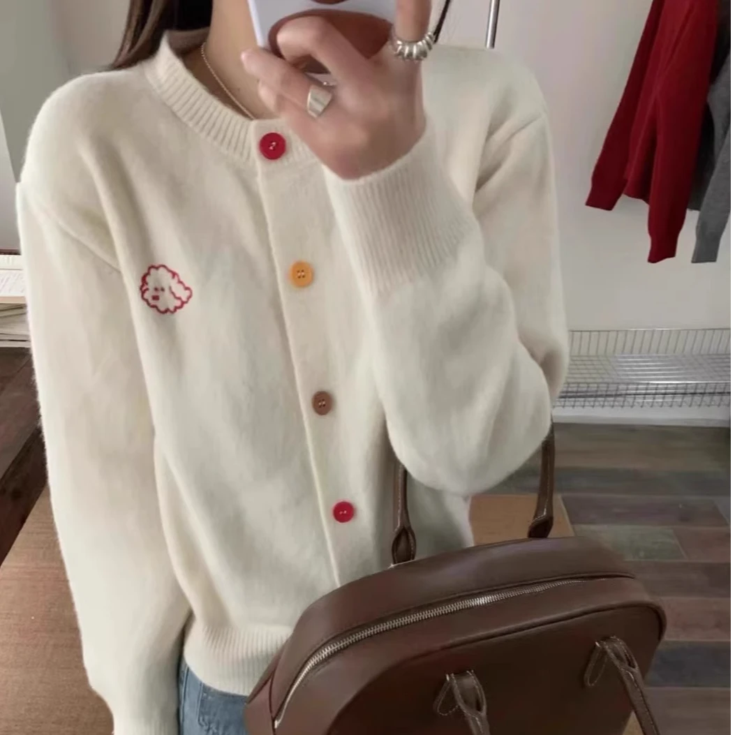 省心穿搭圆领哈巴狗针织衫女春秋慵懒风外套毛衣宽松百搭开衫上衣