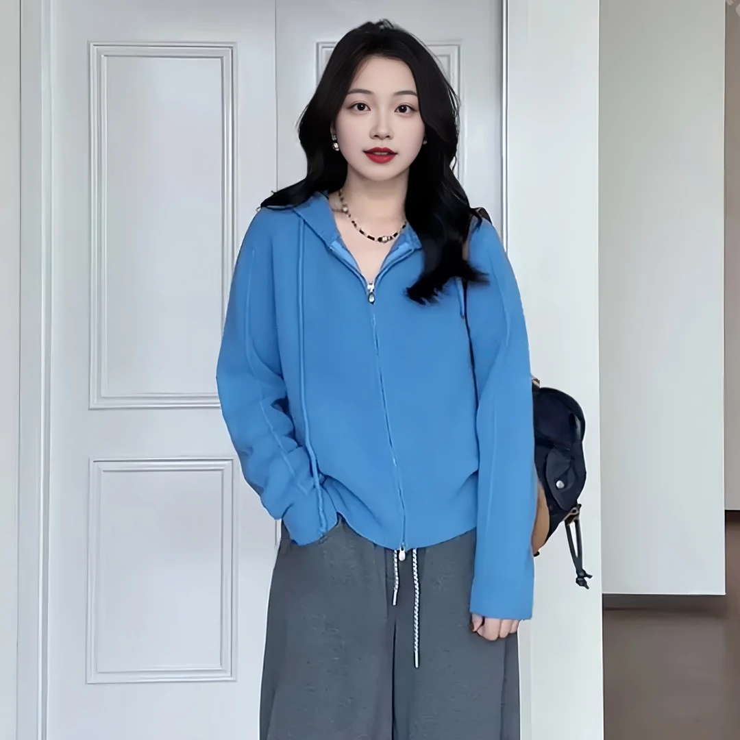 连帽双拉链针织开衫卫衣2025秋季大码胖MM宽松慵懒风显瘦女士外套