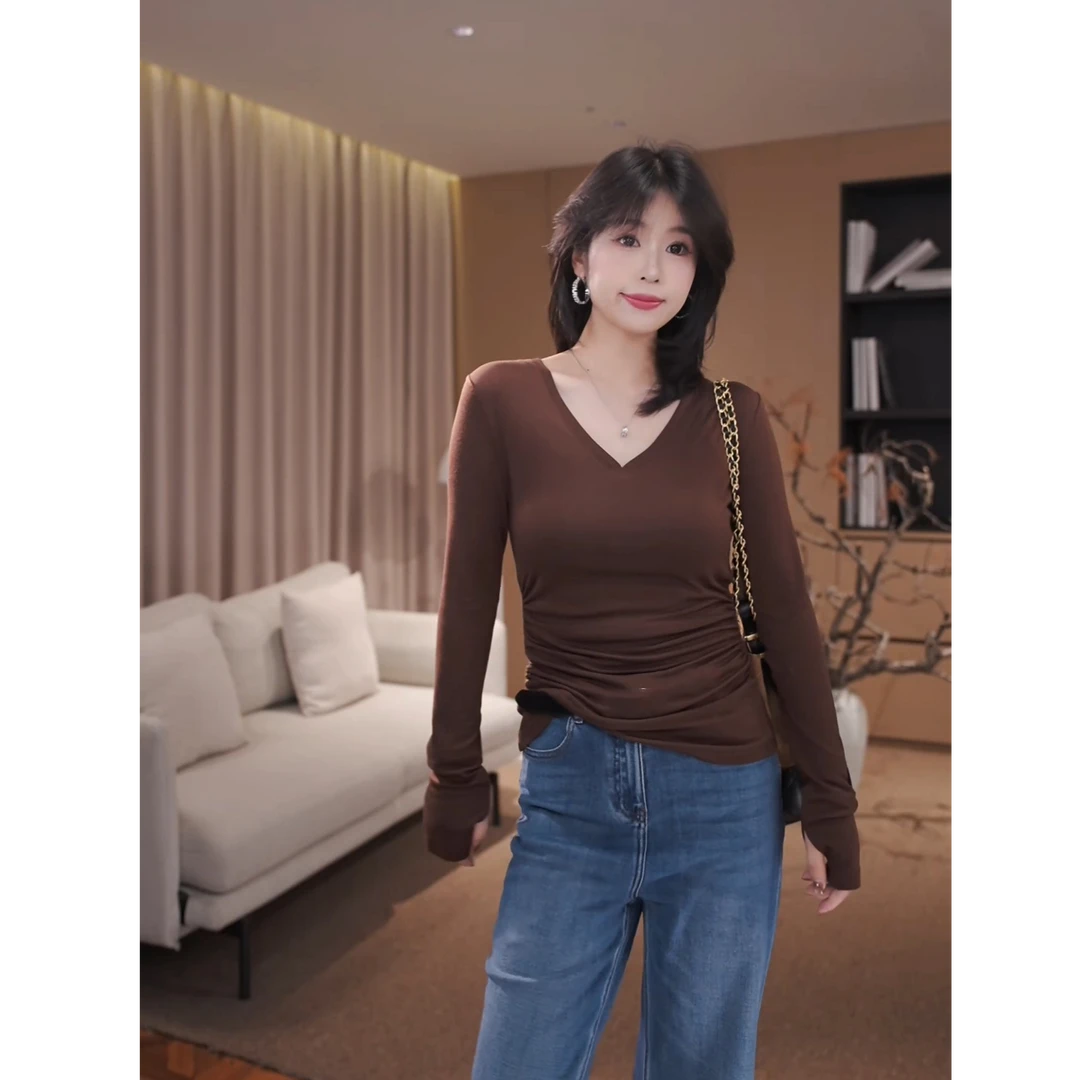 广州琴姐【港岛女神】百搭高级感收腰V领长袖T恤女打底衫秋季3081