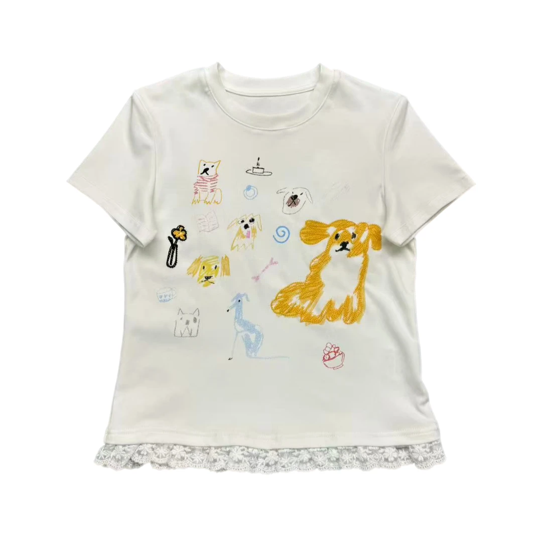 8029抽象狗刺绣花边T恤