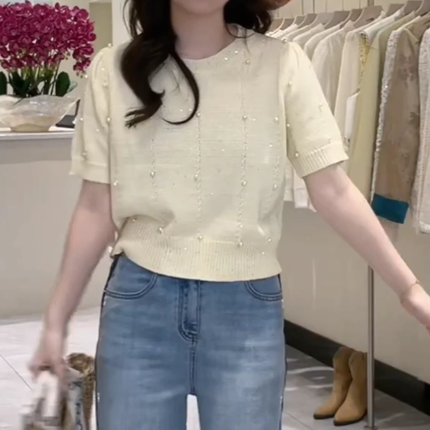 设计感珍珠针织短袖T恤女2025新款春季时尚百搭女士纯色圆领上衣