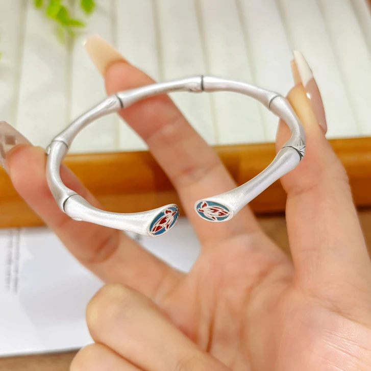 足银手镯 足银9999复古莲花实心开口做旧竹节手镯