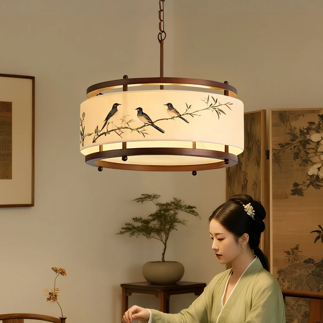 宋式美学禅意餐厅吊灯实木新中式国风圆形布艺绘画茶室书房卧室灯