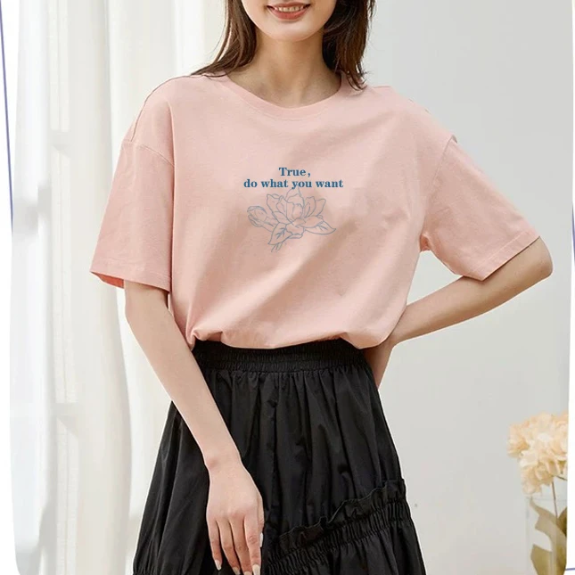 【线条花朵】夏季纯棉T恤女短袖休闲百搭字母短袖宽松印花透气春夏