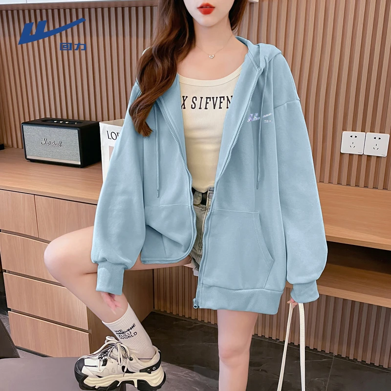 回力2025秋季新款女装薄款小个子宽松开衫上衣连帽洋气衣服卫衣