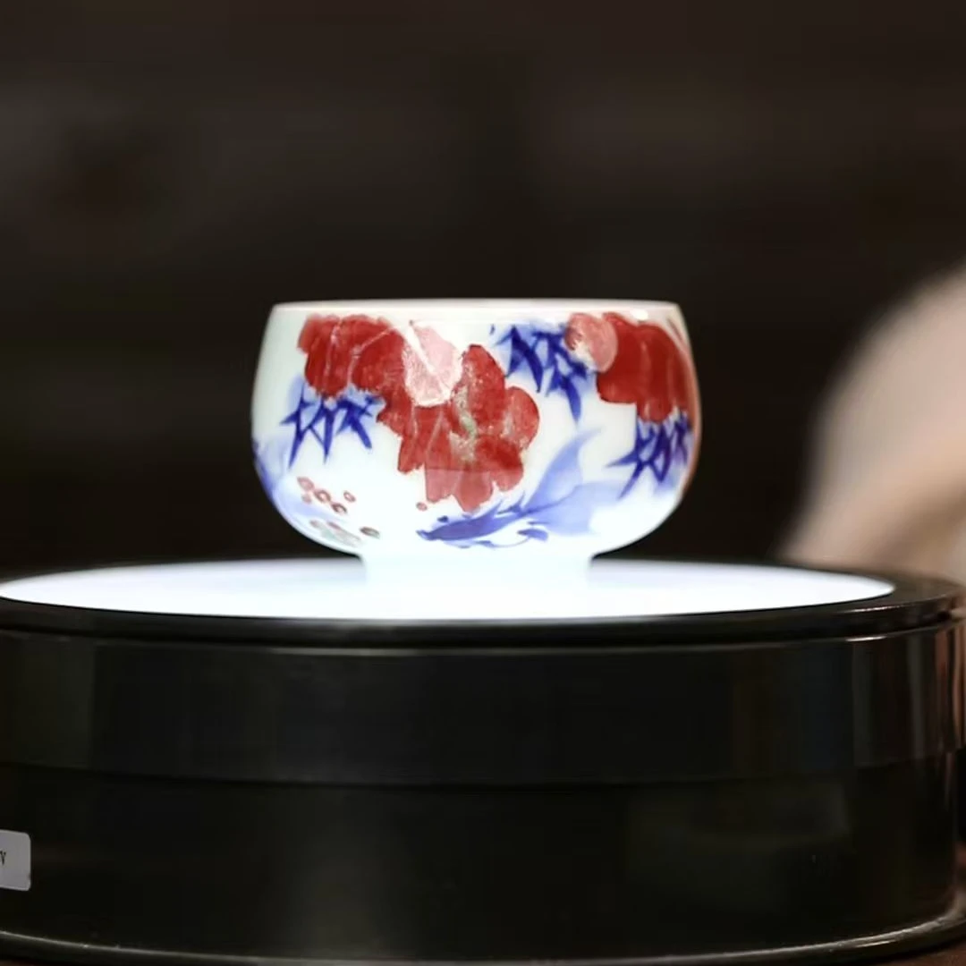 QW001/东客/陶瓷釉里红芭蕉金鱼禅定杯
