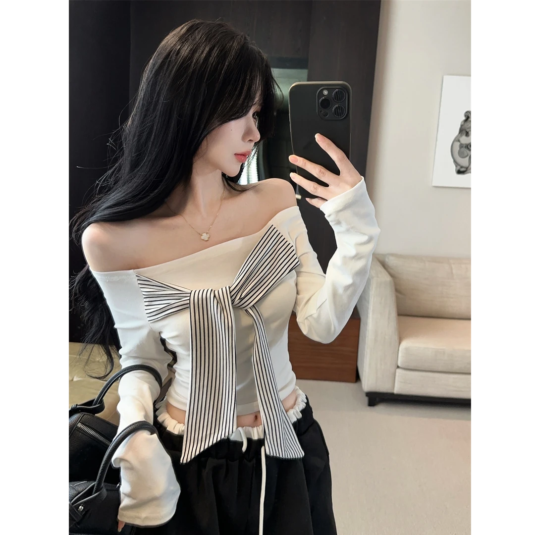 辣妹设计感一字肩拼接露肩条纹绑带修身显瘦上衣女