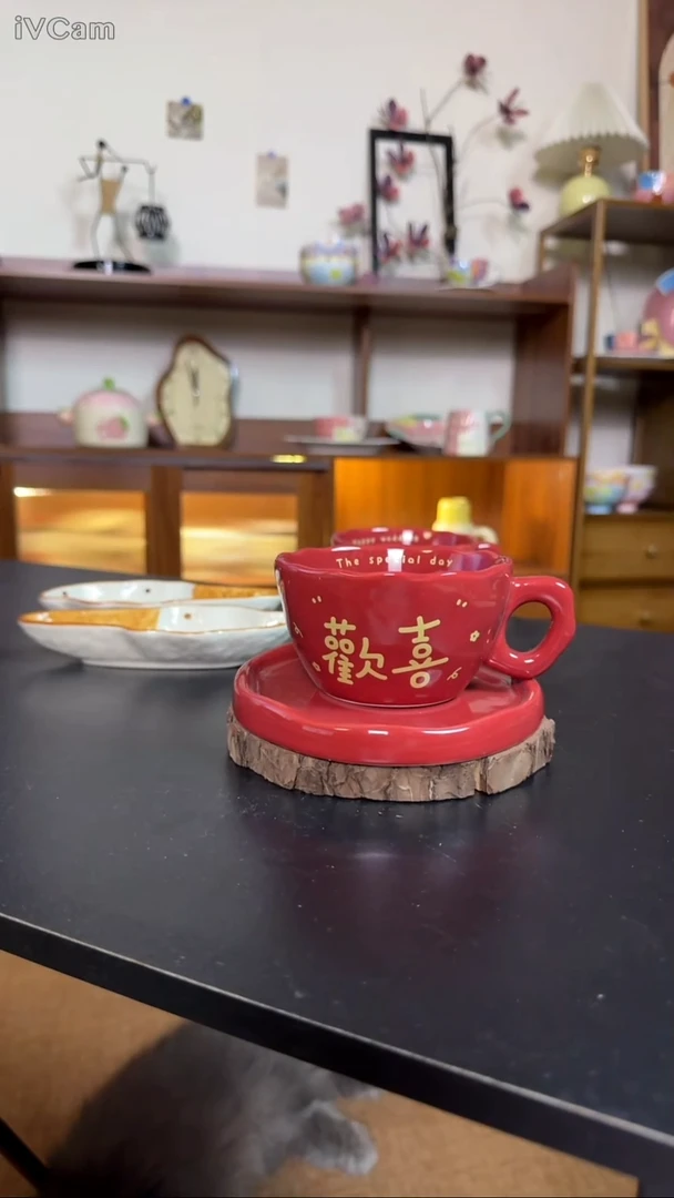 陶瓷欢喜字杯碟微瑕一套