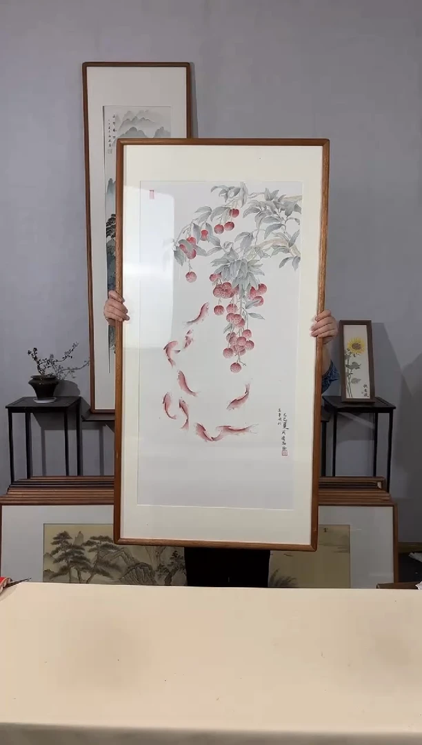 国画手绘*万事顺利（九鱼图）*62*122cm带框发货