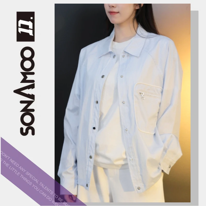 【清仓福利】蓝白竖纹拉链口袋时尚长袖衬衫男外套D13353