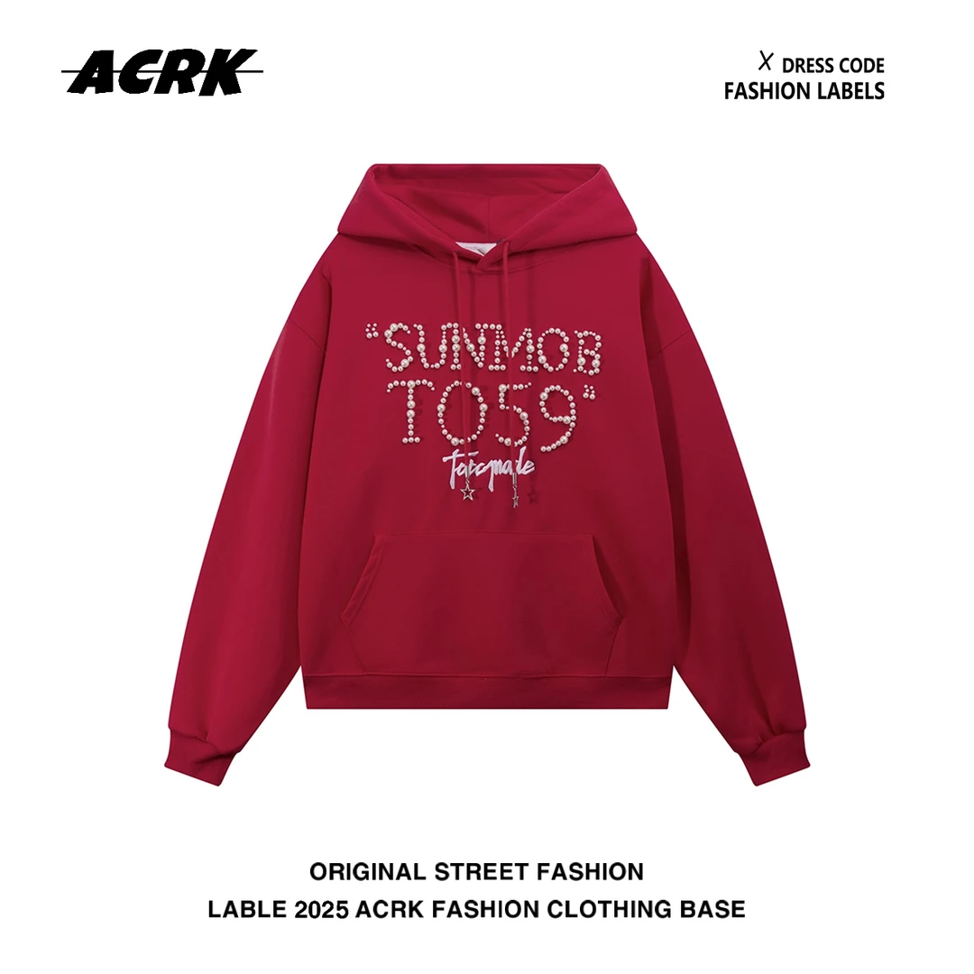 ACRK美式复古设计感钉珠字母男女连帽卫衣秋冬宽松情侣款外套