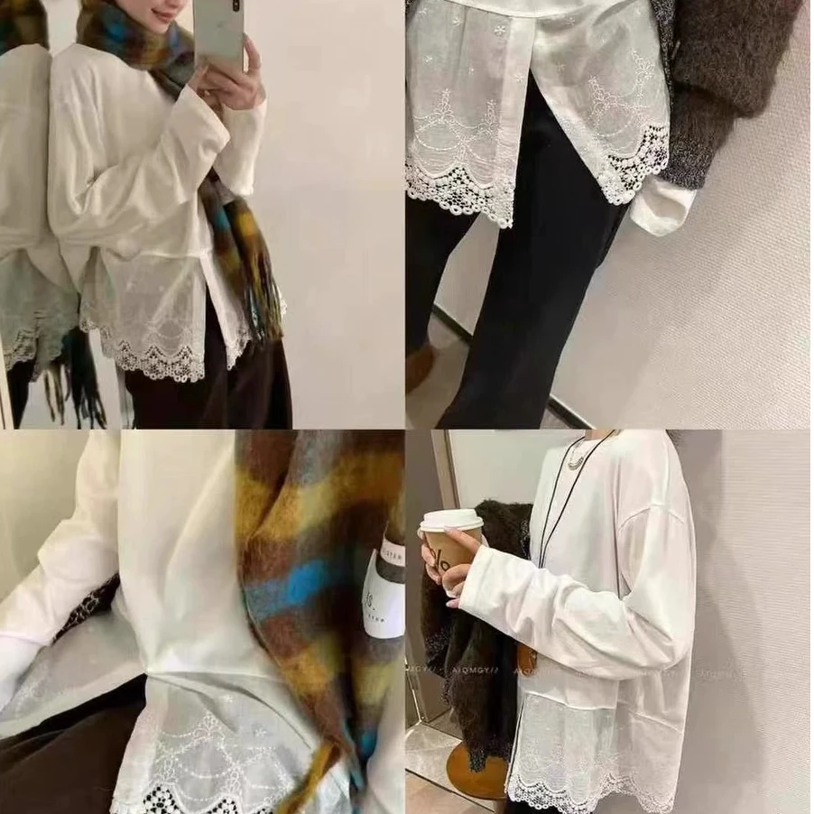 【蕾丝开叉花边打底衫】春季新款宽松设计感蕾丝开叉花边长袖T恤