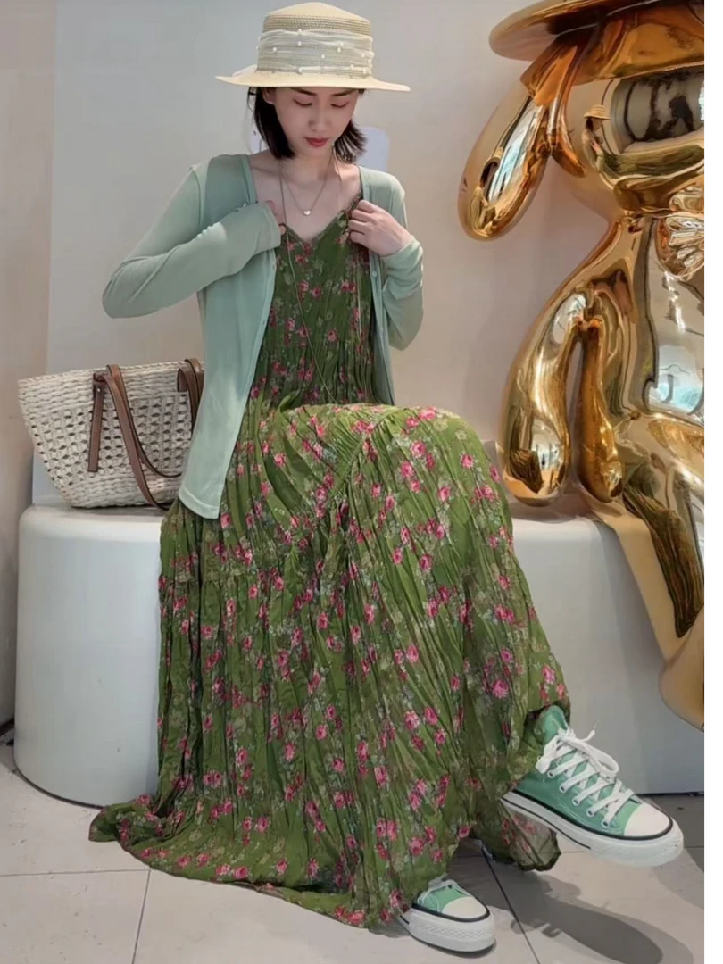 【绿色花】V领洋气显瘦吊带连衣裙