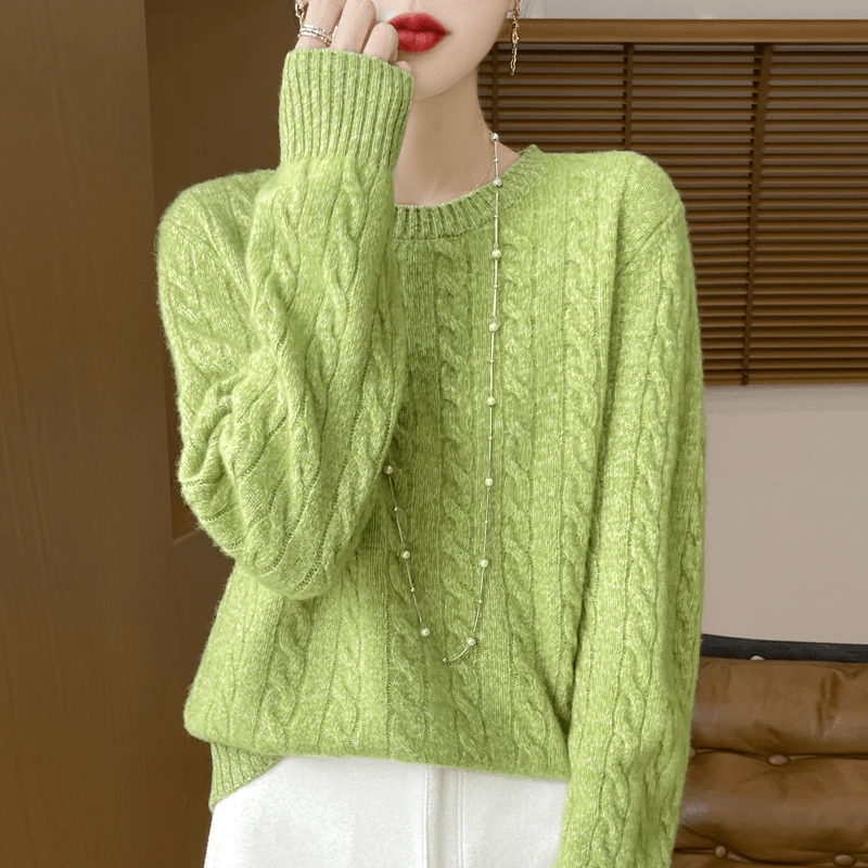 气吞风雅妙无伦~秋冬新款花纱圆领绞花羊毛衫女百搭保暖  DMR-346