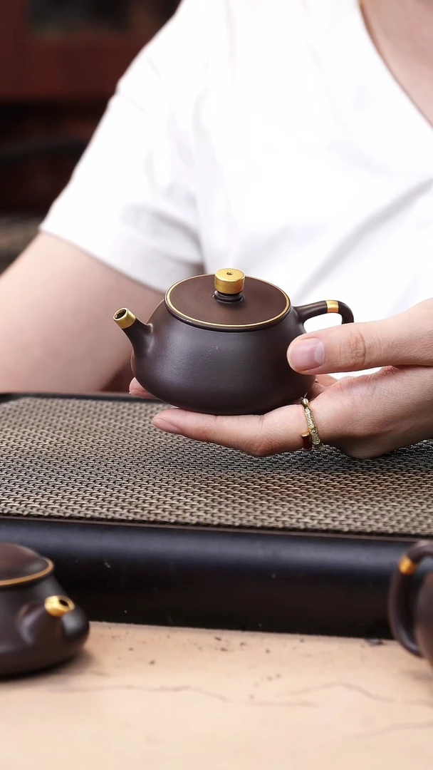 茶壶紫砂四号井茄皮紫泥描金平盖石瓢120cc
