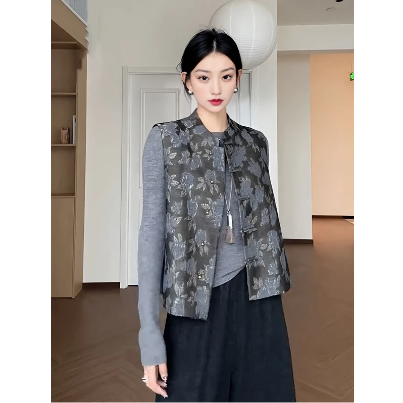 新中式国风立体刺绣盘扣无袖马甲女秋冬季独特别致外穿上衣