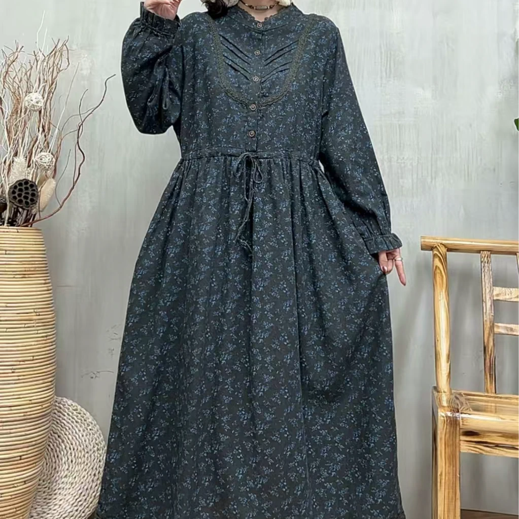 12450新款春秋优雅减龄宽松碎花复古长袖连衣裙QZ
