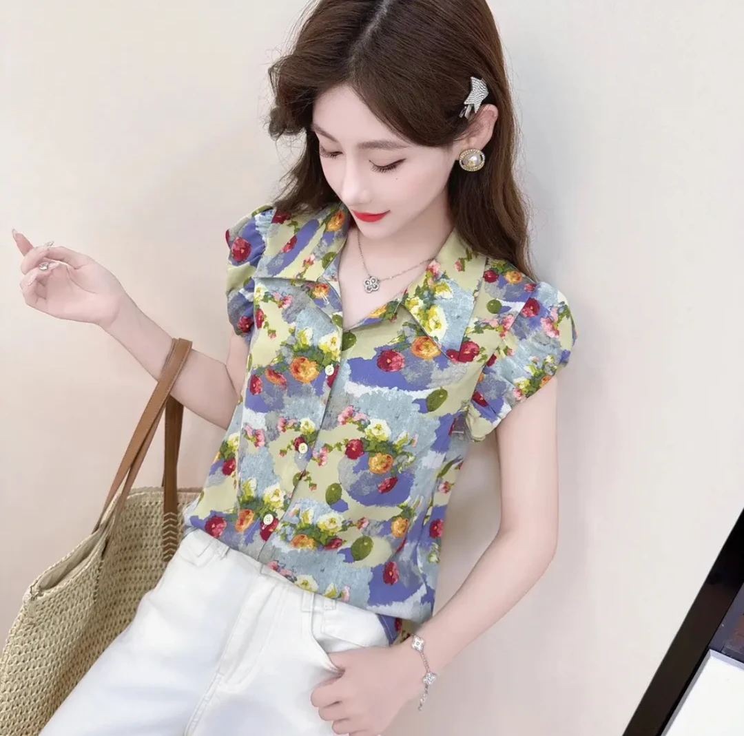 港风复古时尚衬衫女装开衫上衣夏季新款显瘦碎花气质短袖印花