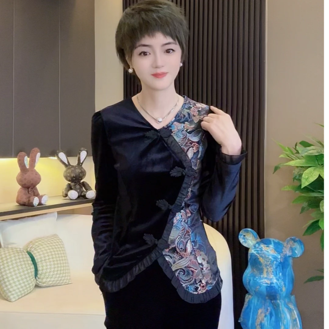 新款拼接国风时尚显瘦丝绒小衫1320