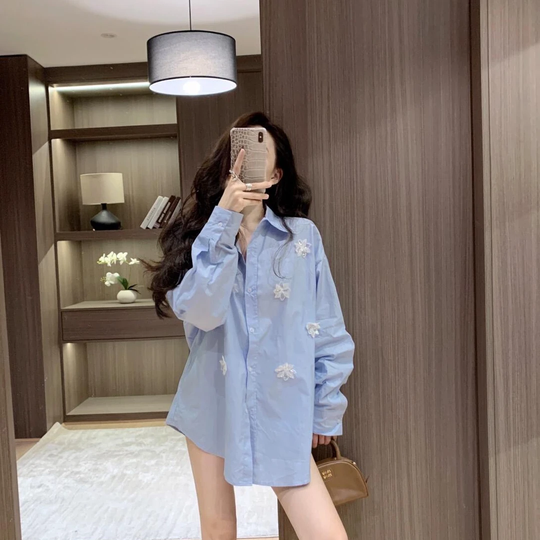 法式衬衫女2025年新款小众立体花朵设计感气质宽松衬衣上衣长袖女