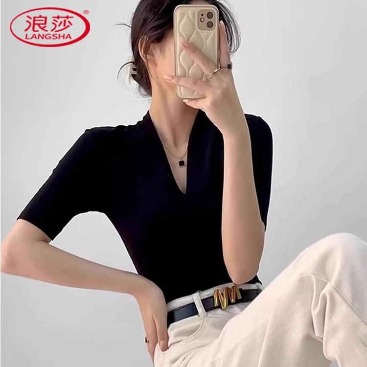 浪莎夏季爆款V领螺纹女短袖T恤2025年修身显瘦高级感打底衫上衣