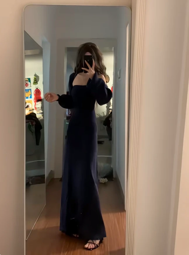 韩系高级感氛围藏青色气质针织修身显瘦连衣裙+坎肩绝美抹胸裙潮