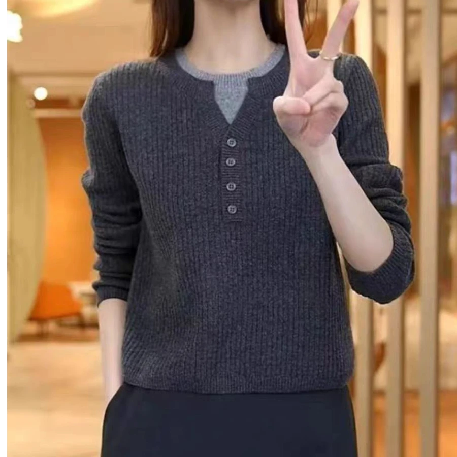 灰色半开领针织打底衫女叠穿秋冬新款内搭假两件毛衣套头