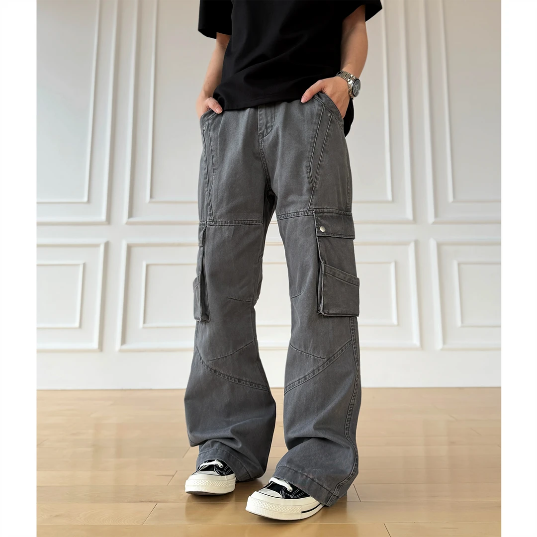 【环线拼袋工装】甄枚前做旧环线cleanfit夏季微喇宽松工装牛仔裤