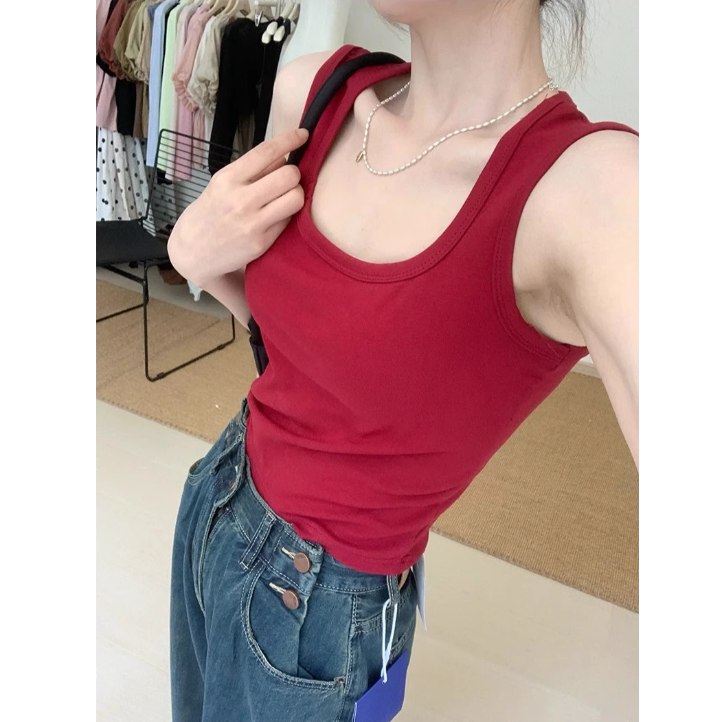 2025春夏新款纯色显瘦遮副乳方领背心修身短款百搭美背防走光吊带