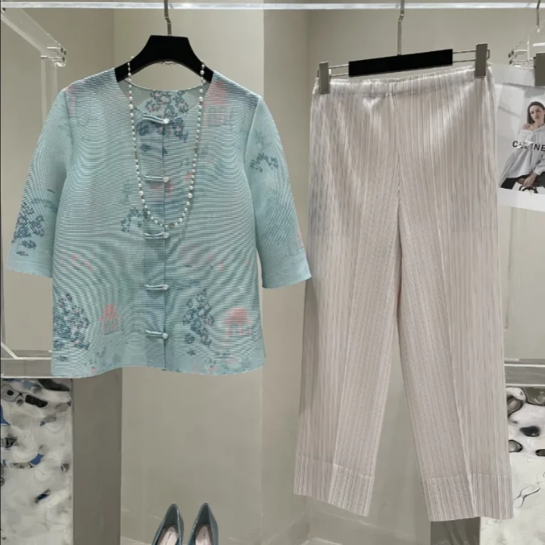 褶皱套装系列2025春夏国风山水印花遮肉超大弹力气质时尚优雅套装