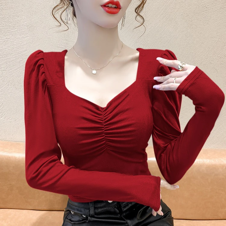方领泡泡袖长袖打底衫洋气女春秋法式T恤女设计显瘦气质修身上衣