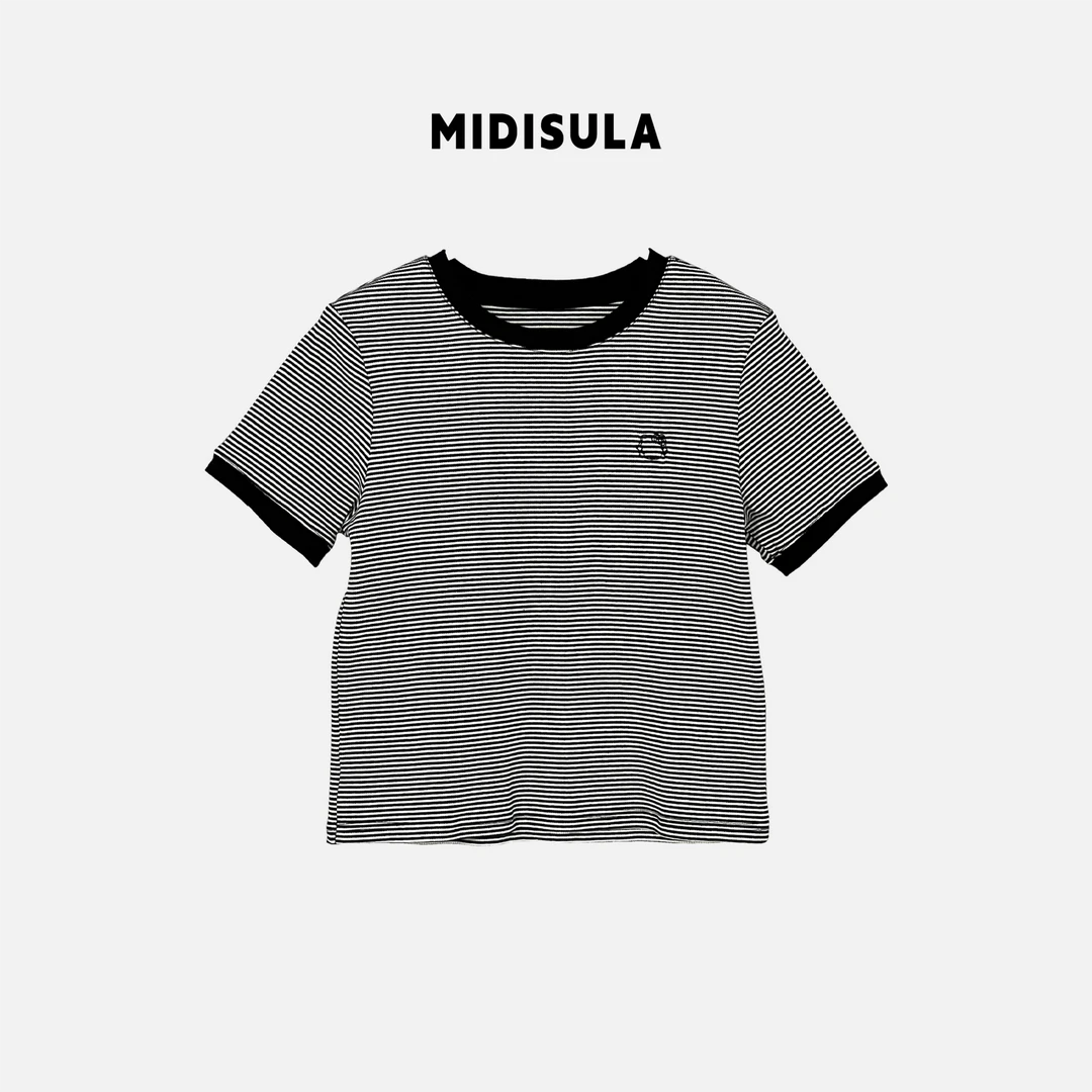 【H.MDSL】春季新款条纹拼色圆领小羊刺绣设计百搭t恤#0025