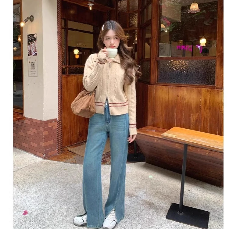 2025年春季新款大码直筒宽松牛仔裤女百搭宽松高腰显瘦开叉阔腿裤