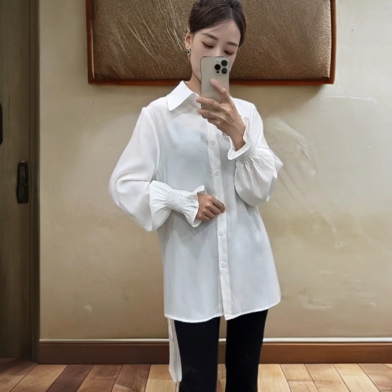 韩版学院2024新款春秋衬衣ins风喇叭袖白色衬衫女搭配马甲长袖潮